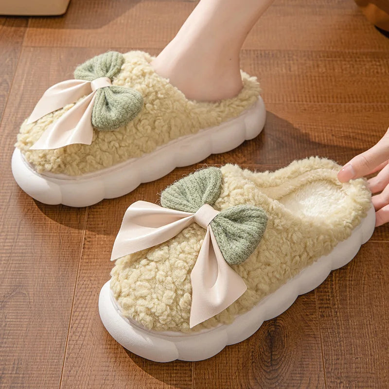 Winter Warm Fur Slippers Women Cute Bow House Non Slip Soft Shoes