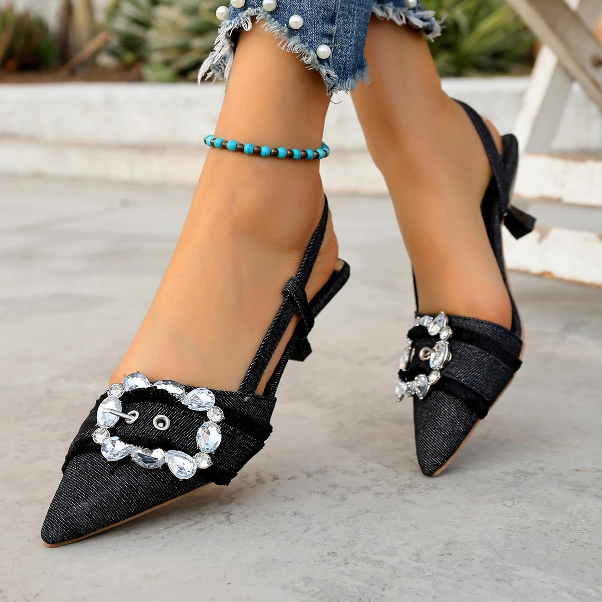 Women Sandals Pointed Toe Denim Sandals Elegant Rhinestone Dress Party Sandals Luxury Glitter Buckle Decoration Women Shoes Zpaxo