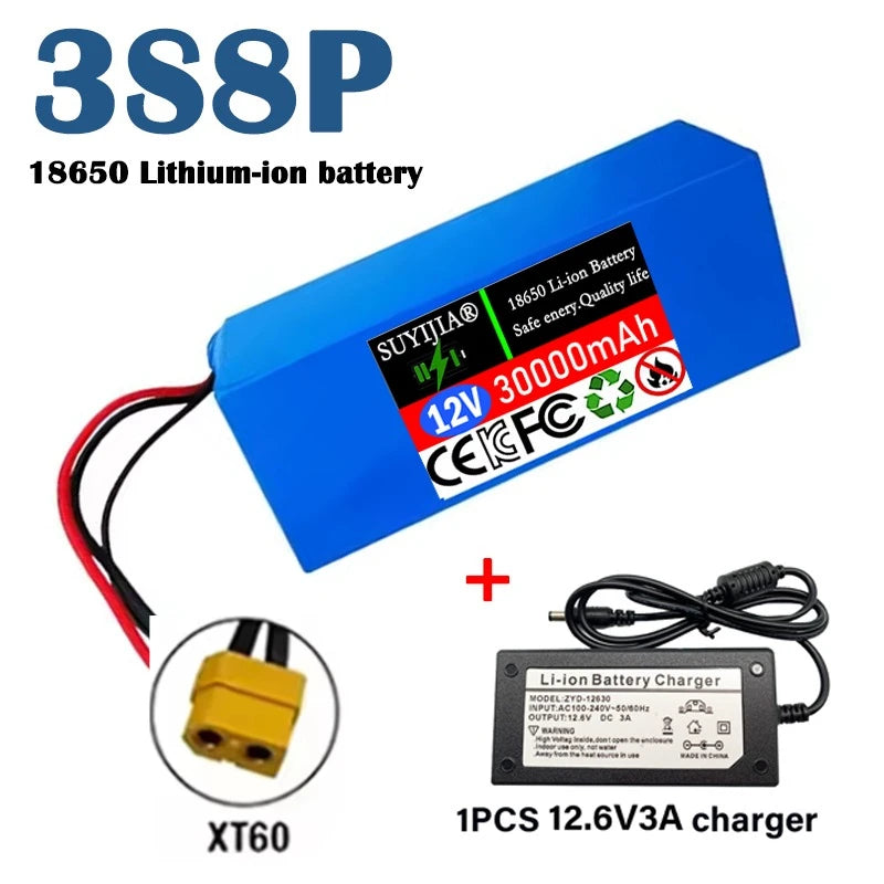 New 3S8P 12V 30000mAh Battery Pack 18650 Rechargeable Li-ion Battery with BMS 12V 30Ah DC12.6V Super Large Capacity + Charger Zpaxo XT60-CAR