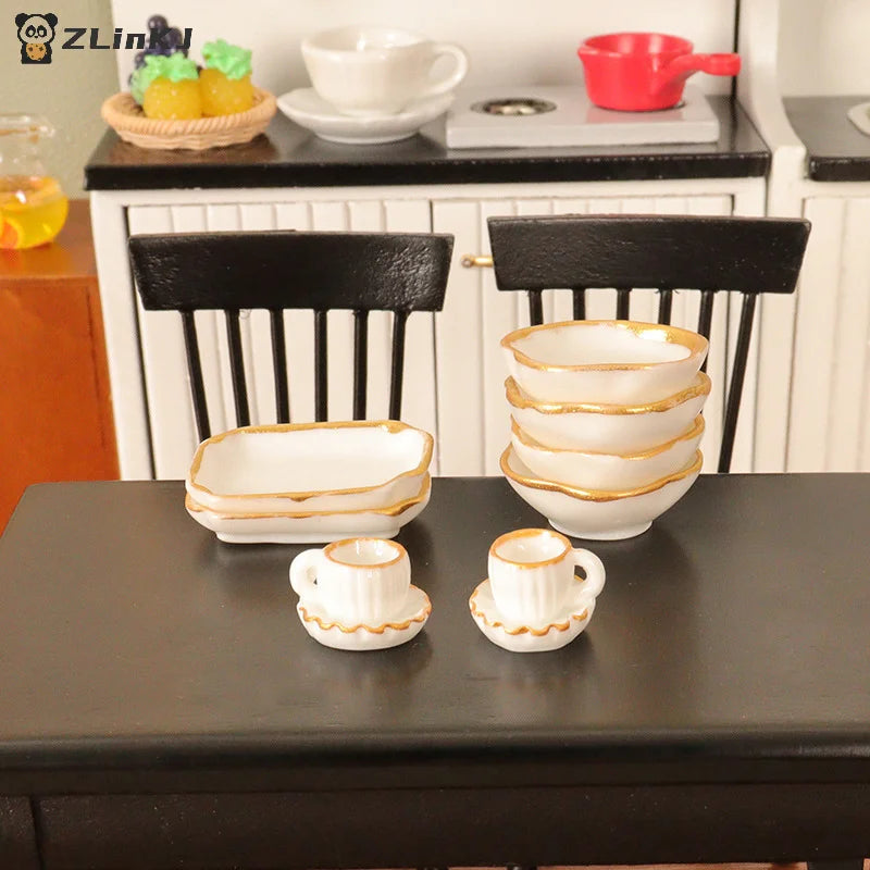 ▶1Set 1:12 Dollhouse Miniature Dinner Plate Coffee Cup Tray Bowl Dishes Kitchen Tableware Model Decor Toy Doll House Accessories Zpaxo