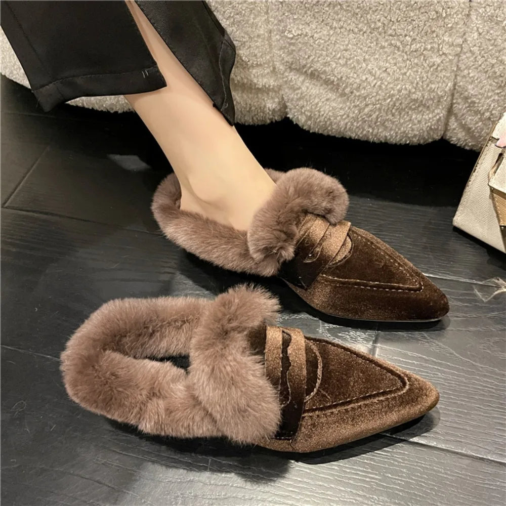 Fur Women Flats Cotton Boots Pointed Toe Suede Warm Shoes Designer