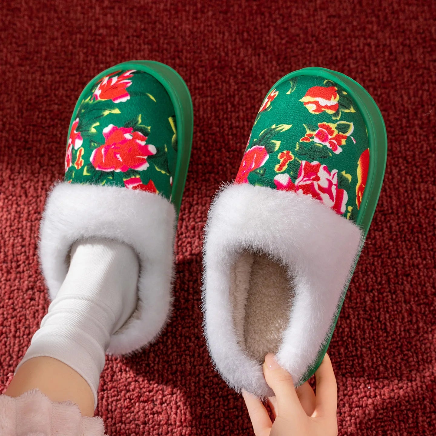 Chinese Traditional Floral Warm Slippers Winter Plush Lined Non-slip
