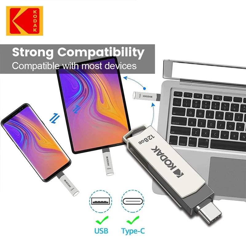 Kodak Type C Pendrive USB 3.2 Metal USB Flash Drive 128GB 64GB 32GB 256GB HDD 2 in 1 U-disk for Keys Smartphone Laptop Desktop Zpaxo