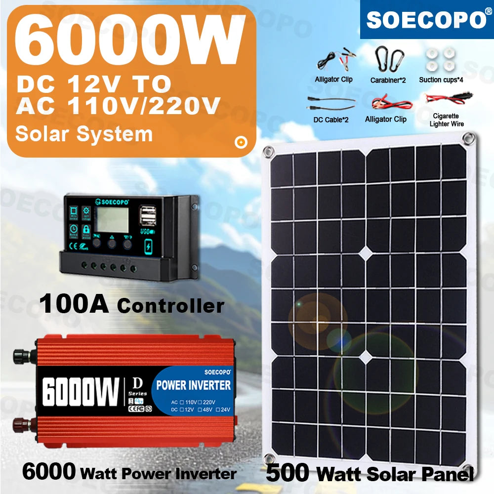 6000W Solar Power System 500W Panel 100A Controller Alligator Clips Carabiner Hooks 12V to 110V220V Inverter for Home RV CE FCC Zpaxo