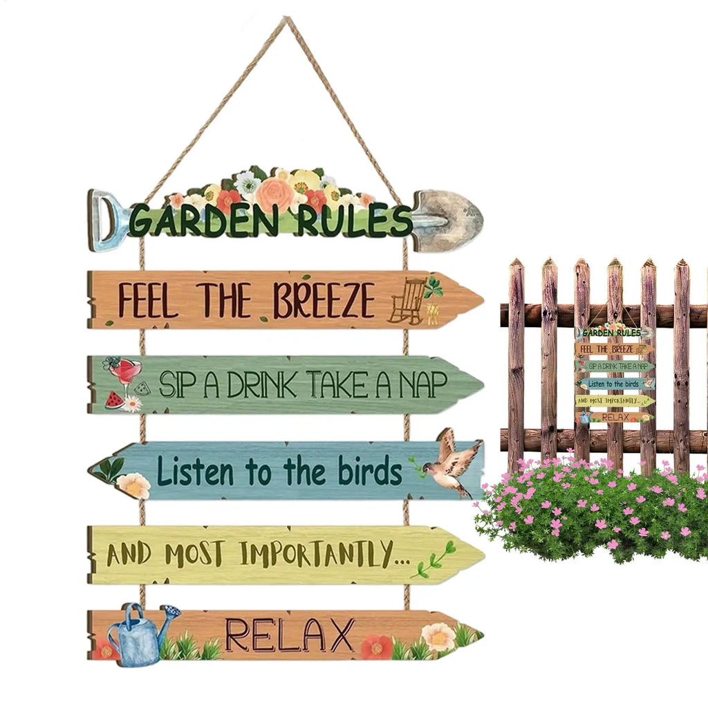 Funny Garden Rules Sign Rustic Wooden Wall Decor Bird Floral Design