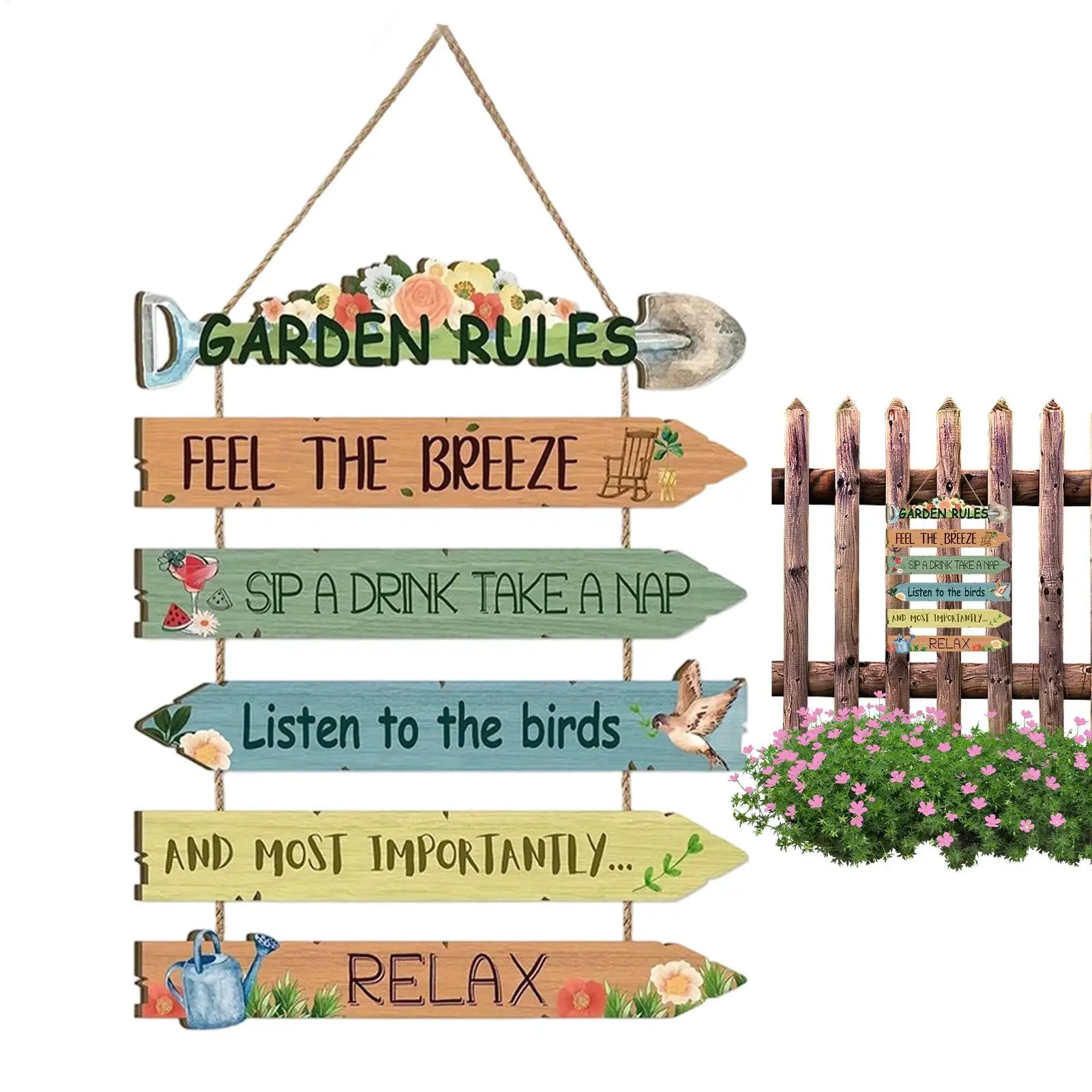 Funny Garden Rules Sign Rustic Wooden Wall Decor Bird Floral Design