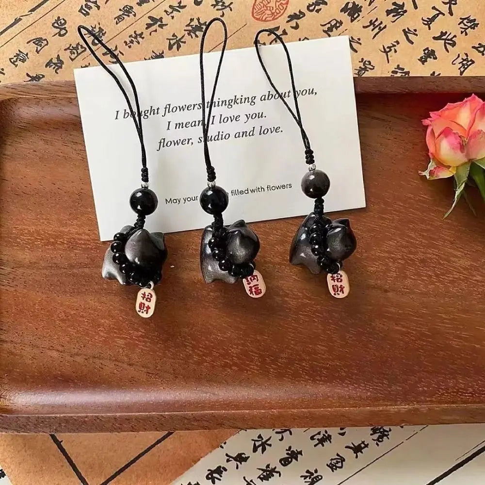 Silver Obsidian Cat Lucky Keychain Bag Charms Hanging Braid Rope Zpaxo