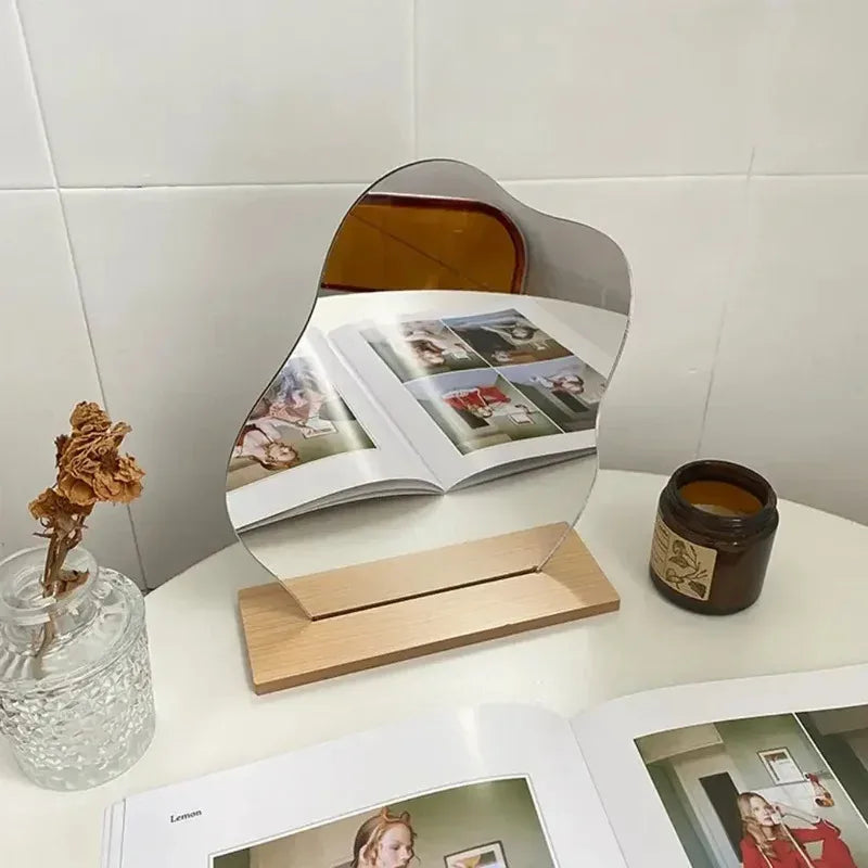 Decorative Mirror Acrylic Wooden Base Minimalist Irregular Makeup