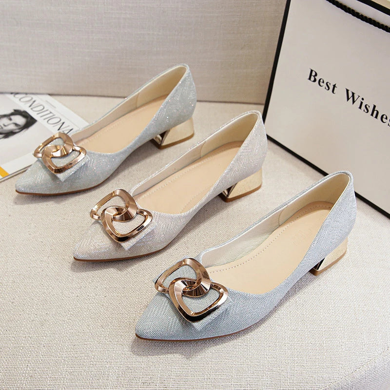 Womens Metal Square Buckle Mid Heel Pumps Chunky Pointed Toe Soft Zpaxo