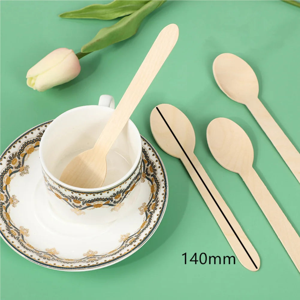 100PCS Disposable Wooden Spoons Cakes Desserts Ice Cream Wooden Spoons Wedding Birthday Party Outdoor Picnic Kitchen14cm Zpaxo Gold-Spoon