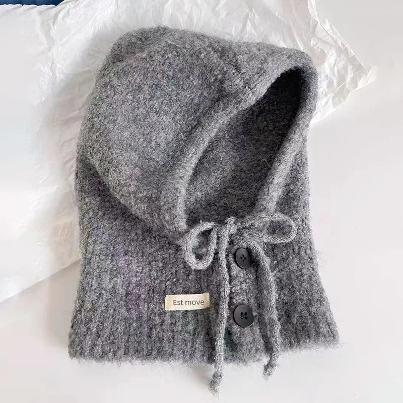 Korean Hat Scarf Women's Autumn Winter Warm Ear Protection Hooded Zpaxo Gray one size