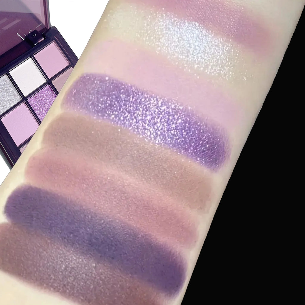 Eyeshadow palette, nine shades of smoky, matte, pearlescent, fine dark purple glitter, affordable makeup Zpaxo
