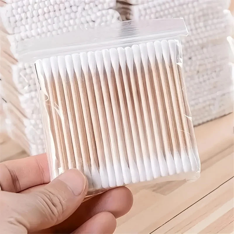 Double-ended 100-piece makeup cotton swab sticks, with wooden rods, used for cleaning ears and removing makeup Zpaxo