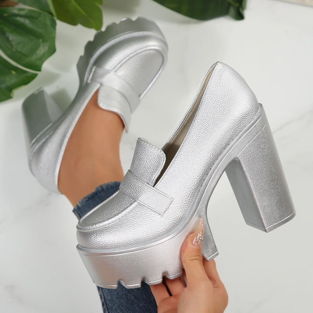Retro Le Fu Shoes 2025 New Thick Soled High Heels Daily Luxury Women Solid Color Temperament Mary Jane with Follow-up Shoes Zpaxo Silver 42