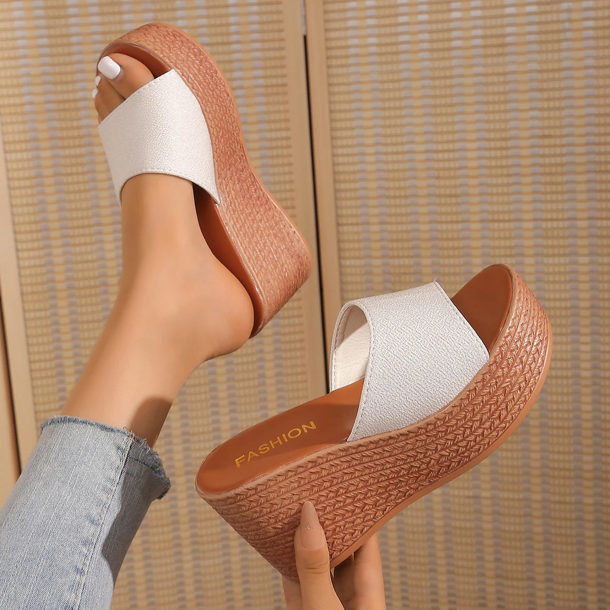 Women High Heel Sandals Summer Wedges Sandals Thick Bottom Casual Slippers Ladies Female Lightweight Platform Shoes for Women Zpaxo Beige 43