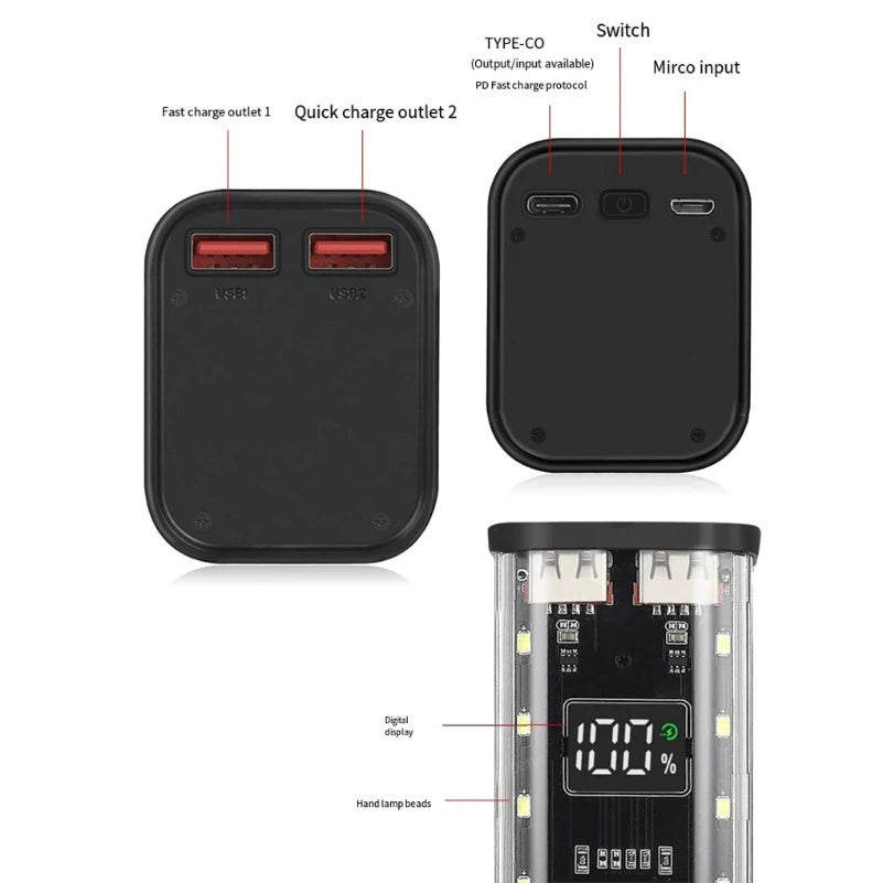 Transparent Shell 18650 Power Bank Case 22 5W Fast Charging LED USB C Zpaxo