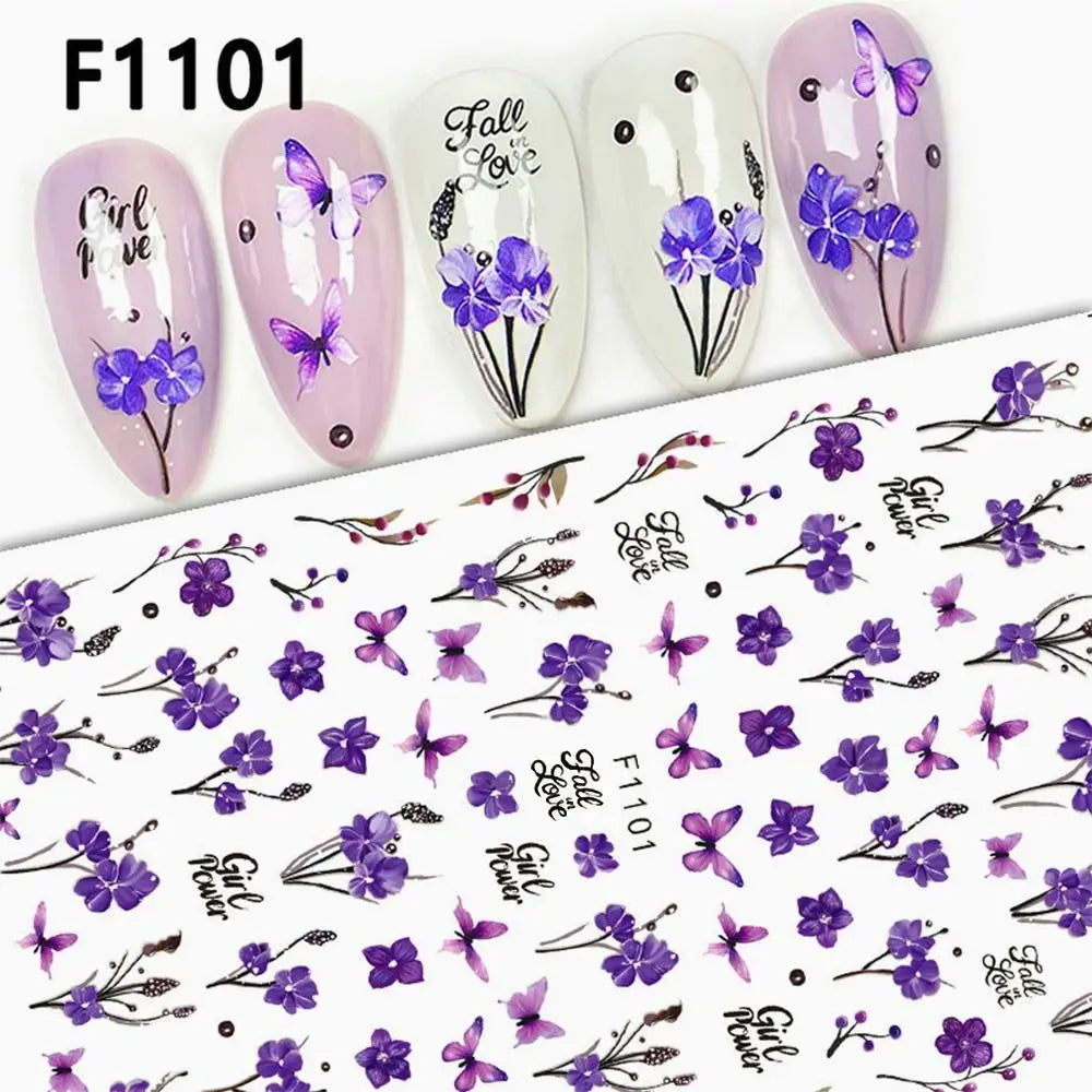 3D Design Nail Art Decals Purple Petals Flowers Stickers Candy Colors Zpaxo