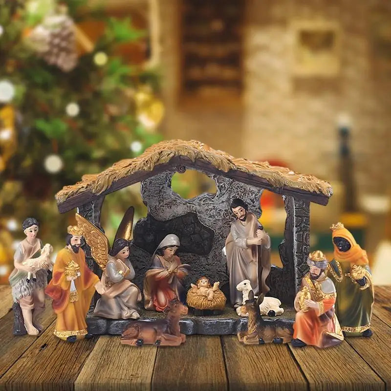 12pcs Christmas Manger Decorations Set Nativity Scene Set Resin Tabletop Nativity Set Resin Nativity Figurines Home Living Room Zpaxo