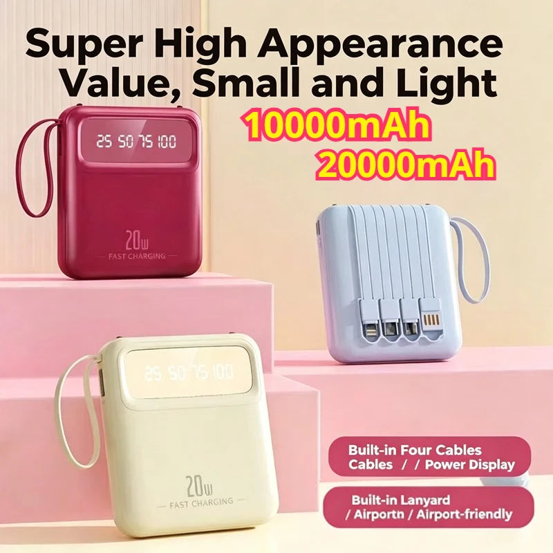 New 20000mAh Mini 4in1 Cable Portable Charger Fast Charging LED Digital Display Power Bank Suitable for IPhone Xiaomi Samsung Zpaxo
