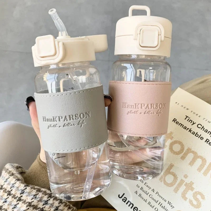 500ml BPA-Free Water Bottle with Straw & Leather Strap Reusable Water Bottle Zpaxo