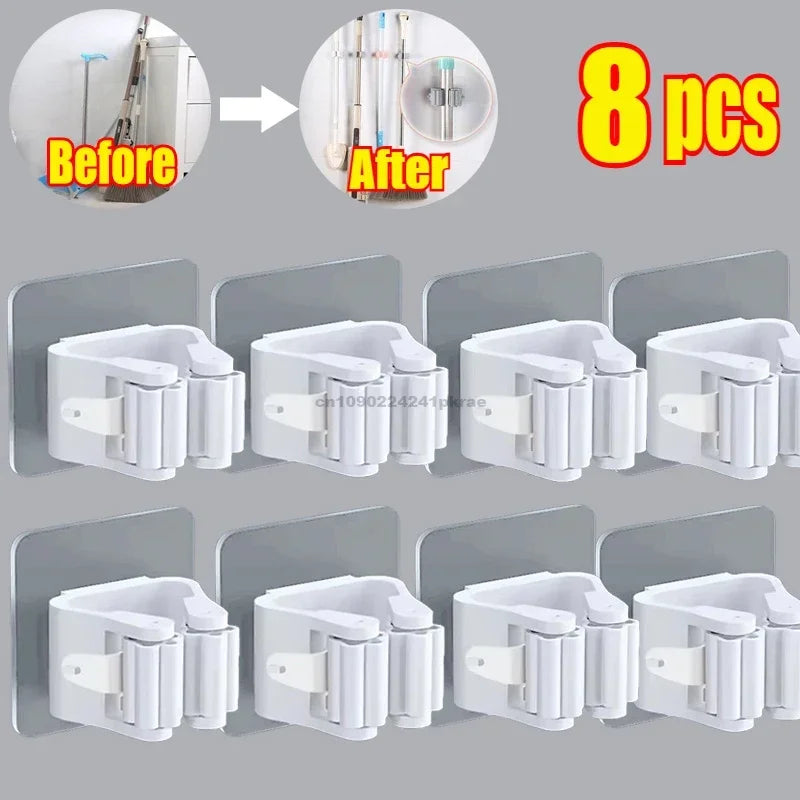 Self-adhesive Mop Holder Broom Stand Wall Mounted Mop Support Sweeping Brush Hook Storage Organizer Bathroom Kitchen Accessories Zpaxo 8pcs-White