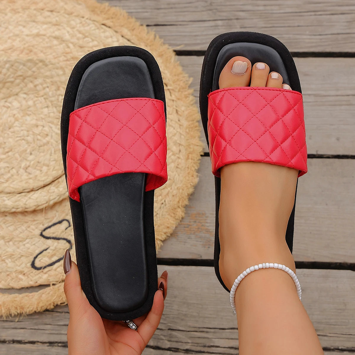 Women Slippers Casual Thick Heel Sandals Fashionable Diamond Pattern Zpaxo Red 36