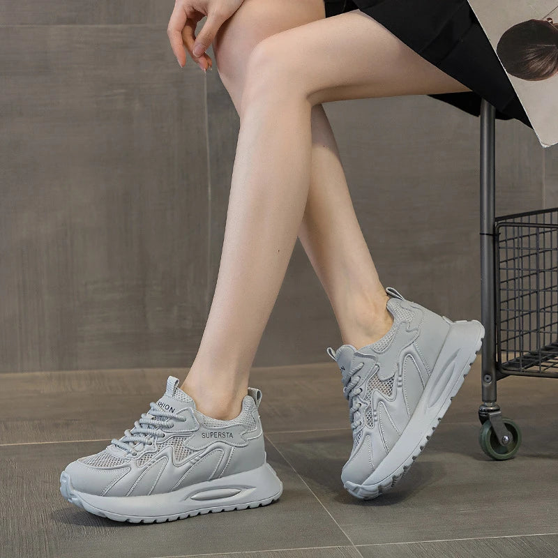 Women's Platform Chunky Sneakers Lace Up Design Sport Tag Detail Two Zpaxo 5556-3 Grey 34