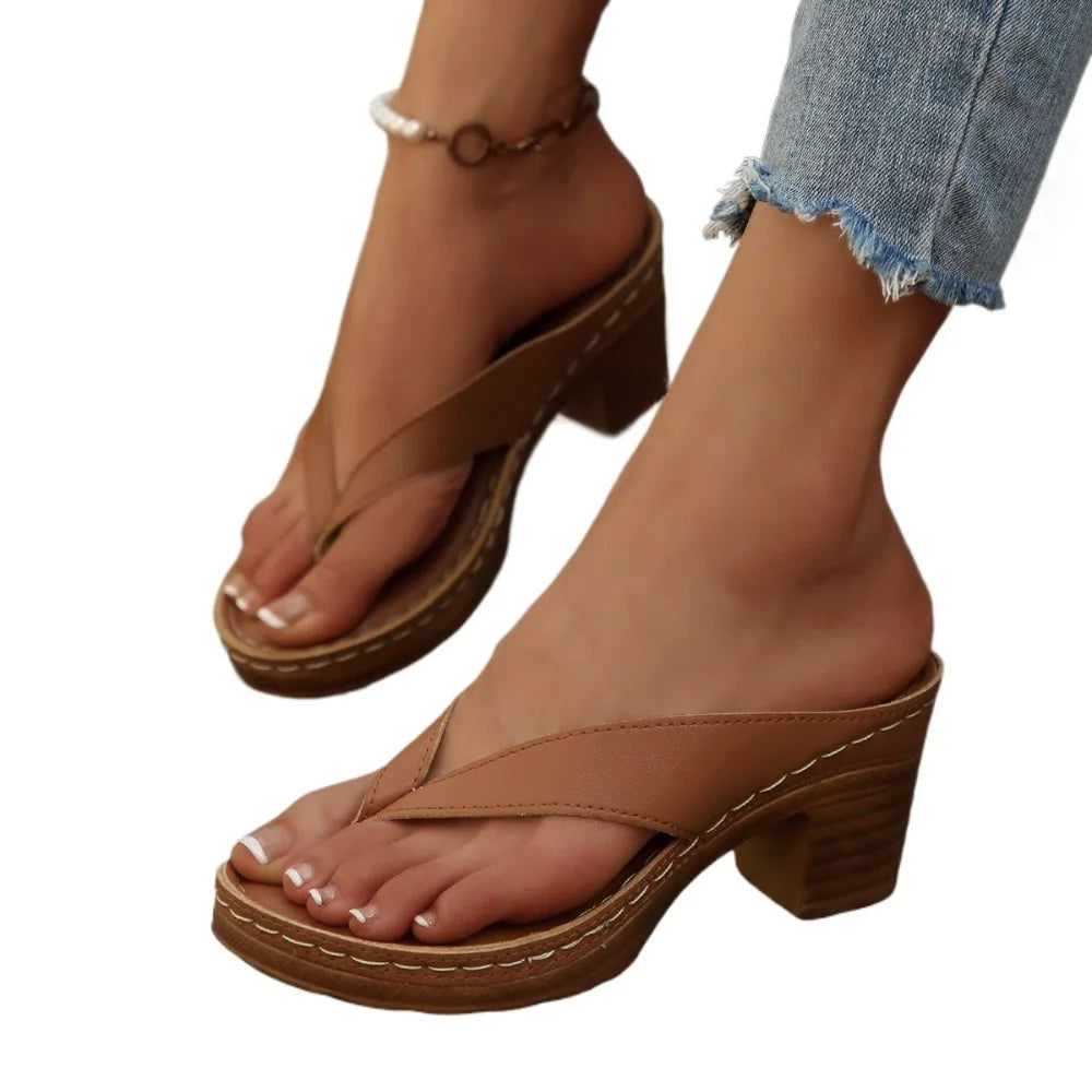 2025 Gold Heels Flip Flops Women Outdoor Clip Toe Thick Heeled