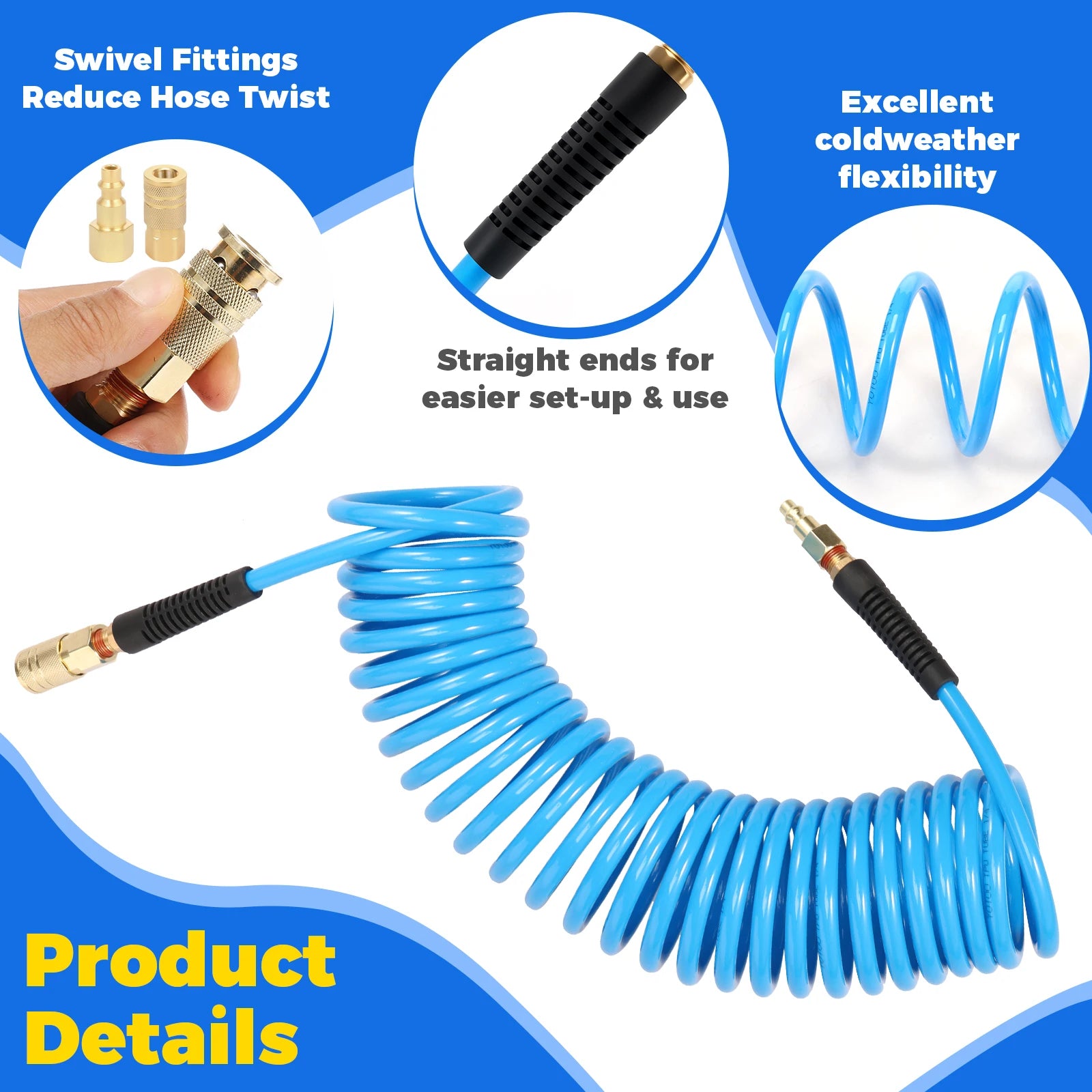25FT Air Compressor Hoses with Coupler and I/M Plug Sturdy Flexible PU Recoil Air Hose Reliable Anti Kink Tool Accessory 300 PSI Zpaxo