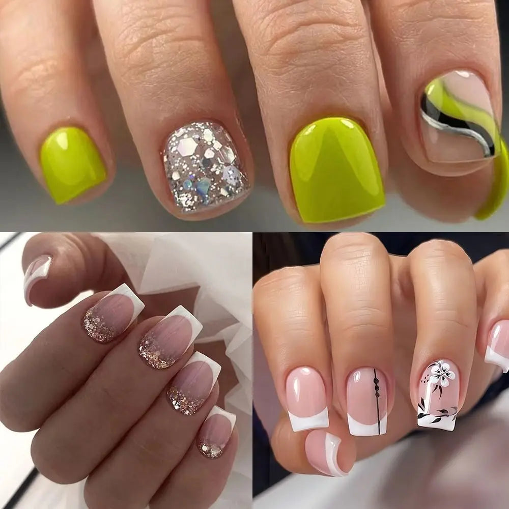 24pcs Short Square False Nails French Shining Crystal Glitter Ink Wavy Full Cover Detachable Nail Tips Zpaxo