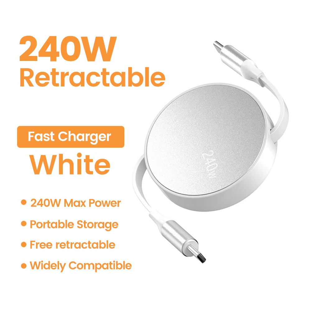 240W PD USB Type C To Type C Cable Retractable Fast Charging USB C Cable For iPhone 15 Huawei Xiaomi Samsung MacBook Data Wire Zpaxo White