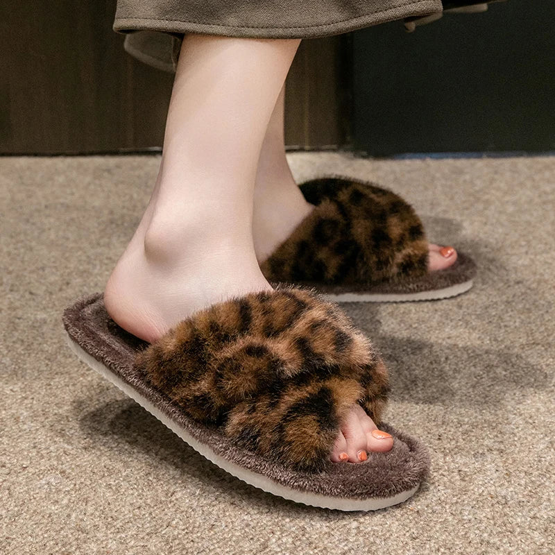 Women's Leopard Print Open Toe Slippers Spring Autumn Indoor Shoes
