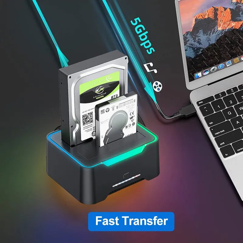 USB 3.0 To SATA Dual Bay RGB Lamp Effect Hard Disk 2.5/3.5 Inch Hard Drive Enclosure Docking Station Offline Clone HDD SSD Zpaxo