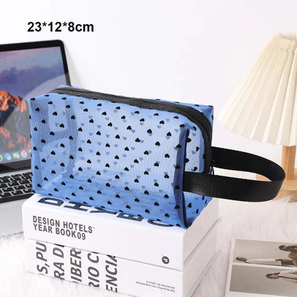New Heart Transparent Mesh Makeup Bag Multifunction Portable Ladies Toiletry Storage Bag Blue/Purple Lipstick Organizer Bags Zpaxo Blue 23-12-8cm