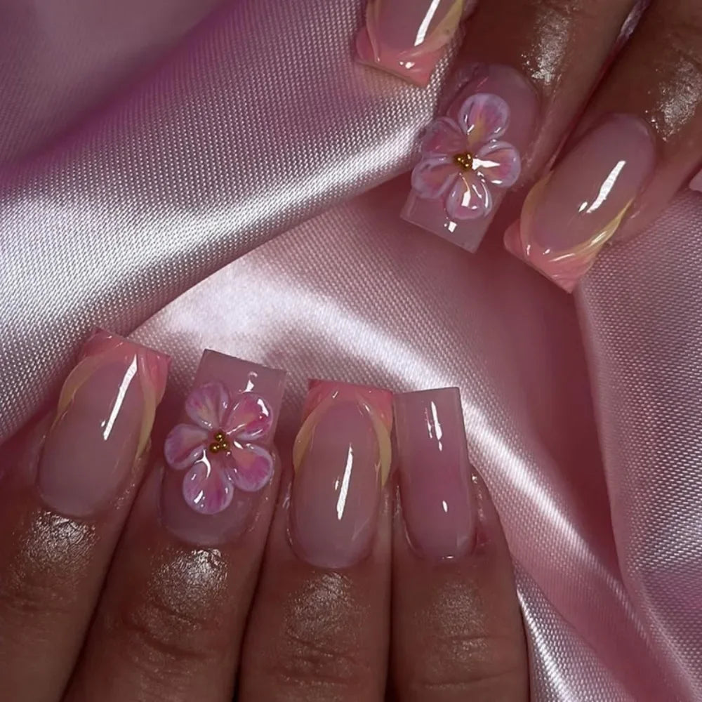 Short Square False Nails French Shining Crystal Glitter Ink Wavy Full