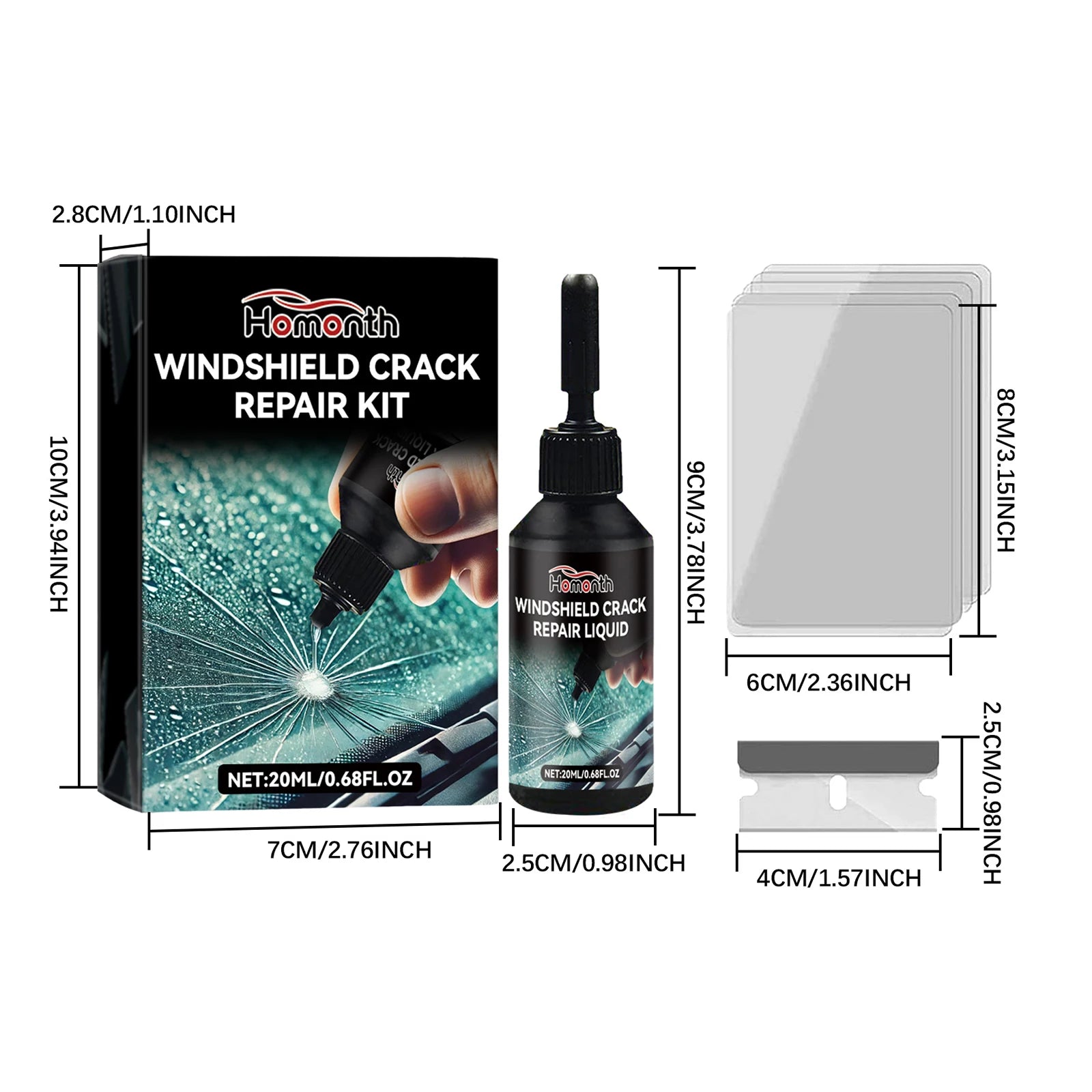 Windshield Chip Repair Kit with 1 Blade 5 Curing Films Glass Repair Liquid for Fixing Chips and Star Shaped Crack Zpaxo
