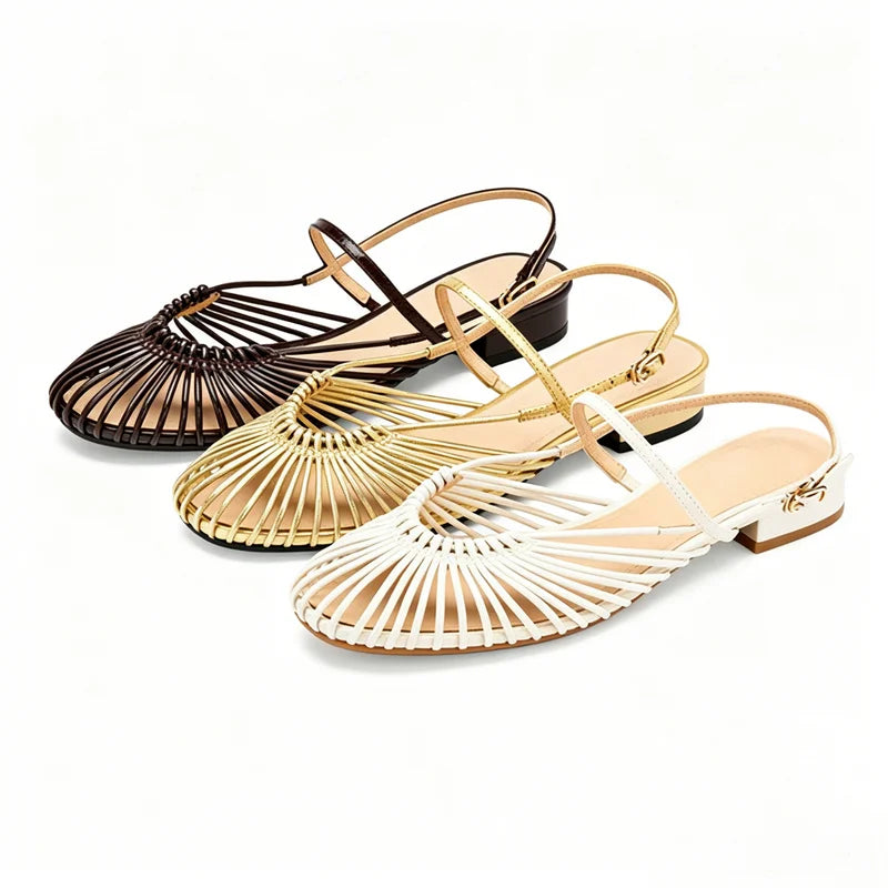 Women Gold Flat Sandals Retro Hollow Out Sandals Ladies Strap Low Heel Summer Party Dress Shoes Elegant Daily Walking Footwear Zpaxo