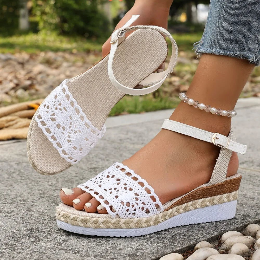 Sandals Women Braided Knot Button Ankle Strap Wedge Sandals Linen Wedge Summer Elegant Heel Platform Women's Shoes Zpaxo