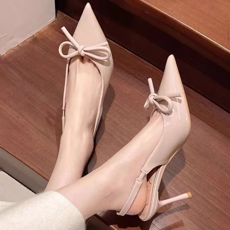 2025 Women Sandals Pointed Toe Stiletto Bowknot Patent Leather Heels Zpaxo