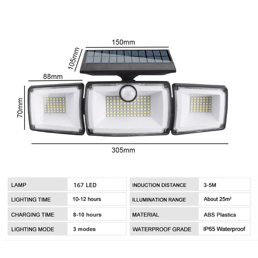 Solar Lights Outdoor 3 Heads Flood LED Security Light Waterproof PIR Zpaxo 176