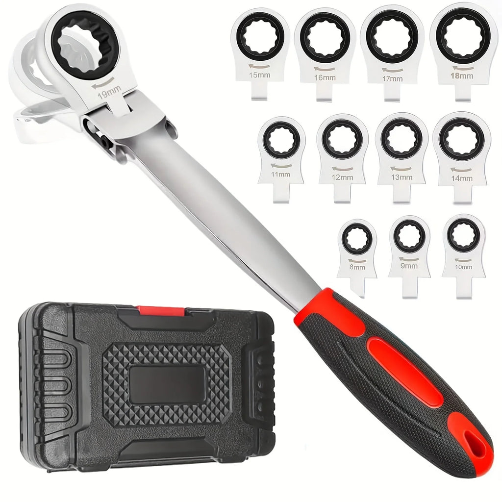 8 to 19 mm Chrome Vanadium Steel Ratchet Wrench Set, 12 in 1 Flex Head Ratchet Wrench, Multipurpose Anti Rust Interchangeable Zpaxo Red