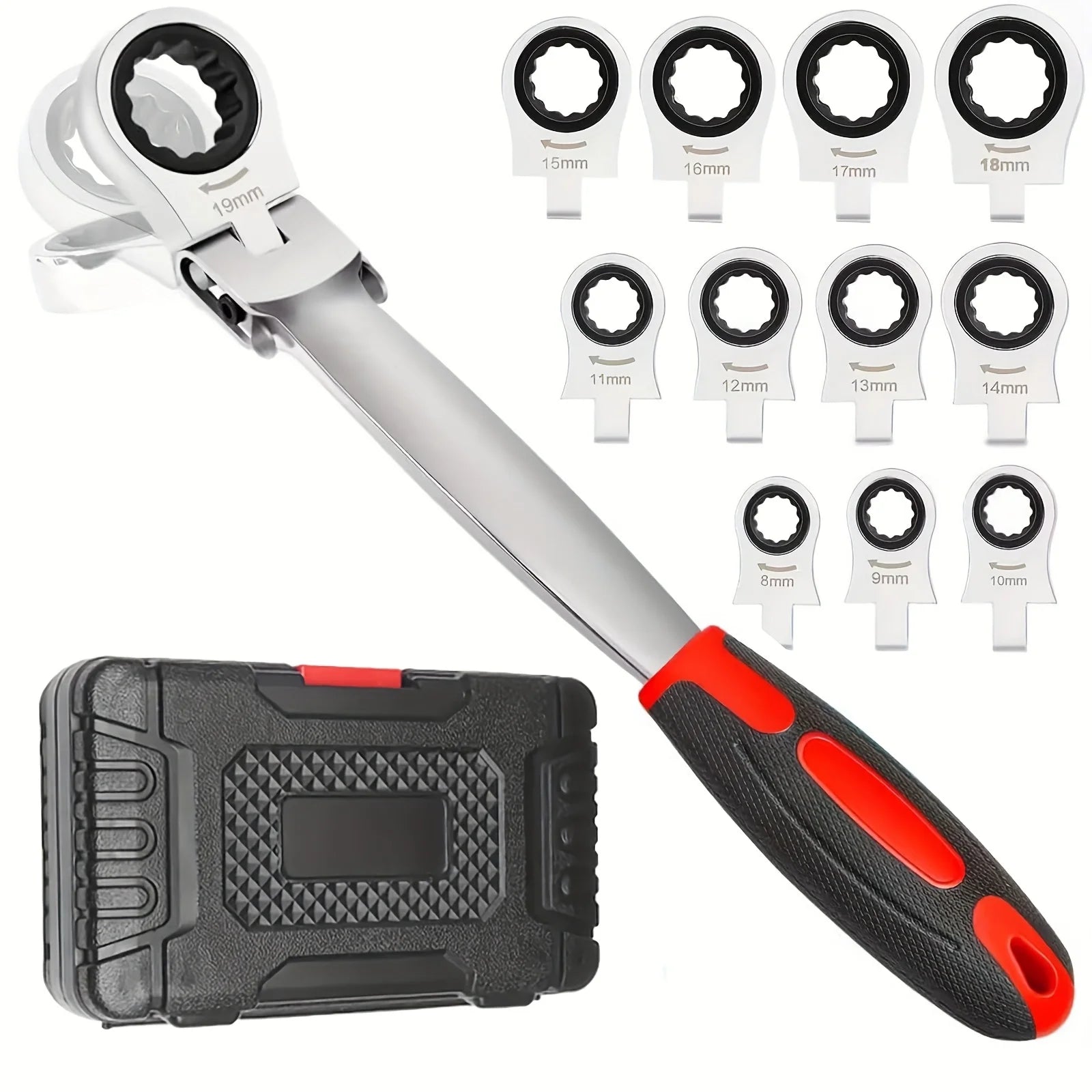 8 to 19 mm Chrome Vanadium Steel Ratchet Wrench Set, 12 in 1 Flex Head Ratchet Wrench, Multipurpose Anti Rust Interchangeable Zpaxo Red
