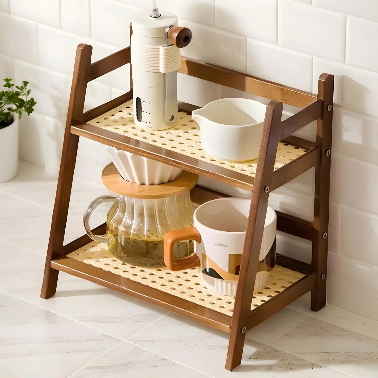 2 Layer Wooden Cup Holder Multipurpose Countertop Cabinet Organizer