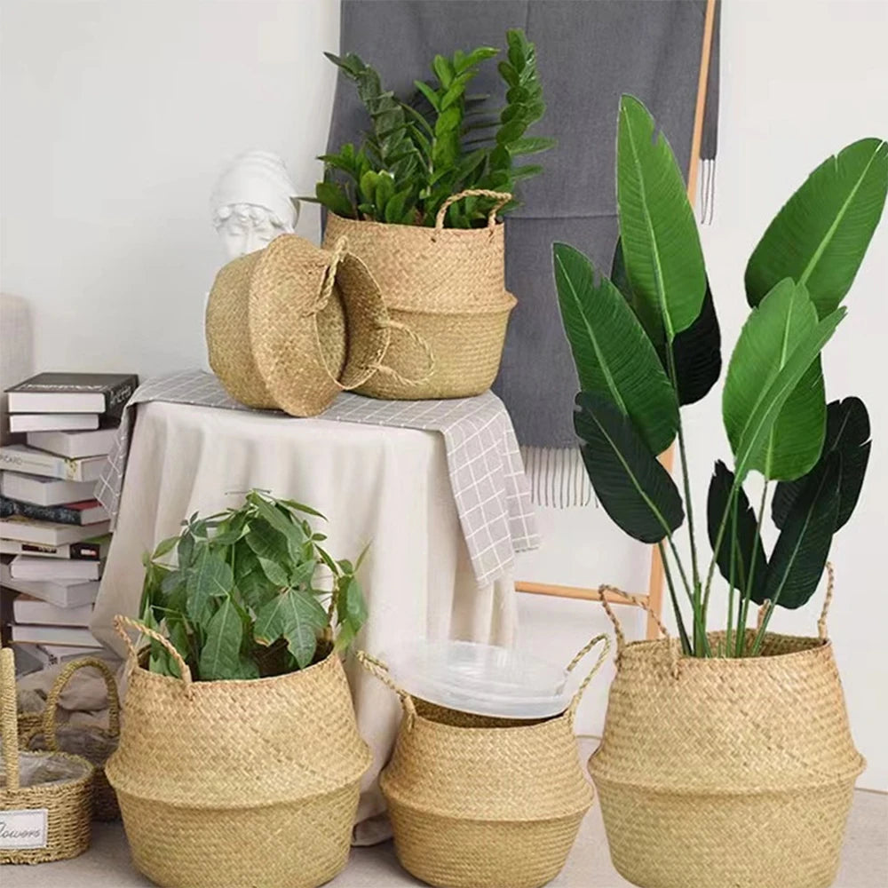 Plant Basket with Handles Wicker Basket Plant Pot Storage Basket Rattan Hanging Flower Pot Laundry Home Decor Zpaxo