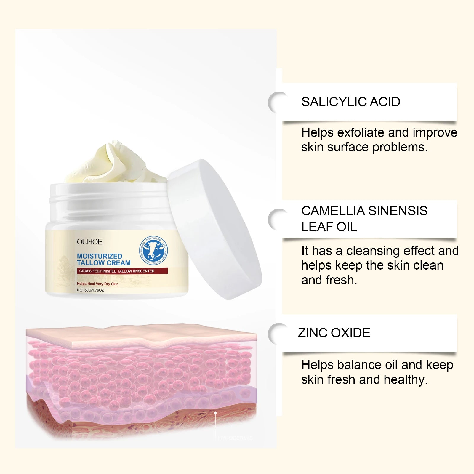 Tallow Moisturizing Cream Butter Moisturizer Softening Facial Delicate Skin Light and Translucent Repair Improve Skin Elasticity Zpaxo