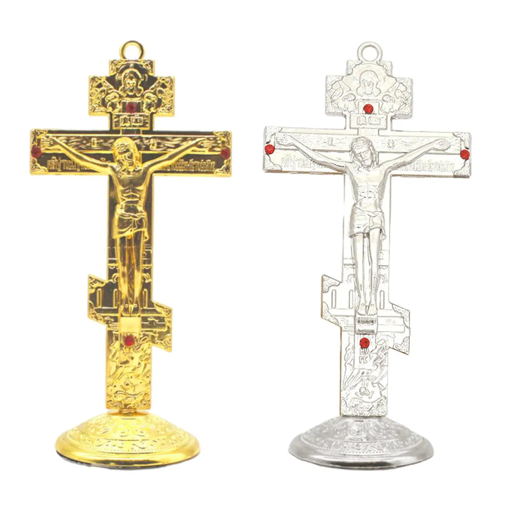 Jesus Cross for Desk Metal with Base Tabletop Ornaments Christian Home Goods Prayer Utensils Table Top Crucifix Cross Catholic Zpaxo