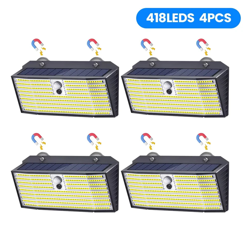 Magnetic Solar Wall Light 176/418LED Motion Sensor Fench Light with 3 Lighting Mode IP65 Waterproof Solar Security Light Zpaxo 418LED-4PC