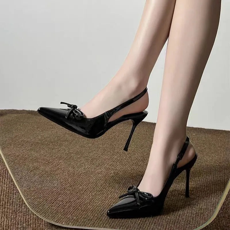 2025 Women Sandals Pointed Toe Stiletto Bowknot Patent Leather Heels Zpaxo