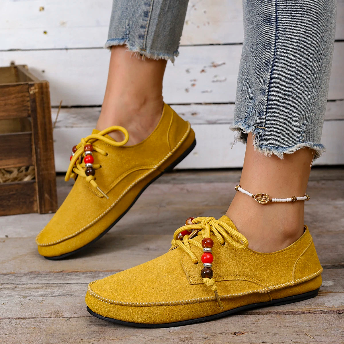 2025 Women Loafers Round Toe Lace-up String Bead Shoes Leisure Spring Autumn Sneakers Woman Retro Style Plus Size Shoes Women Zpaxo
