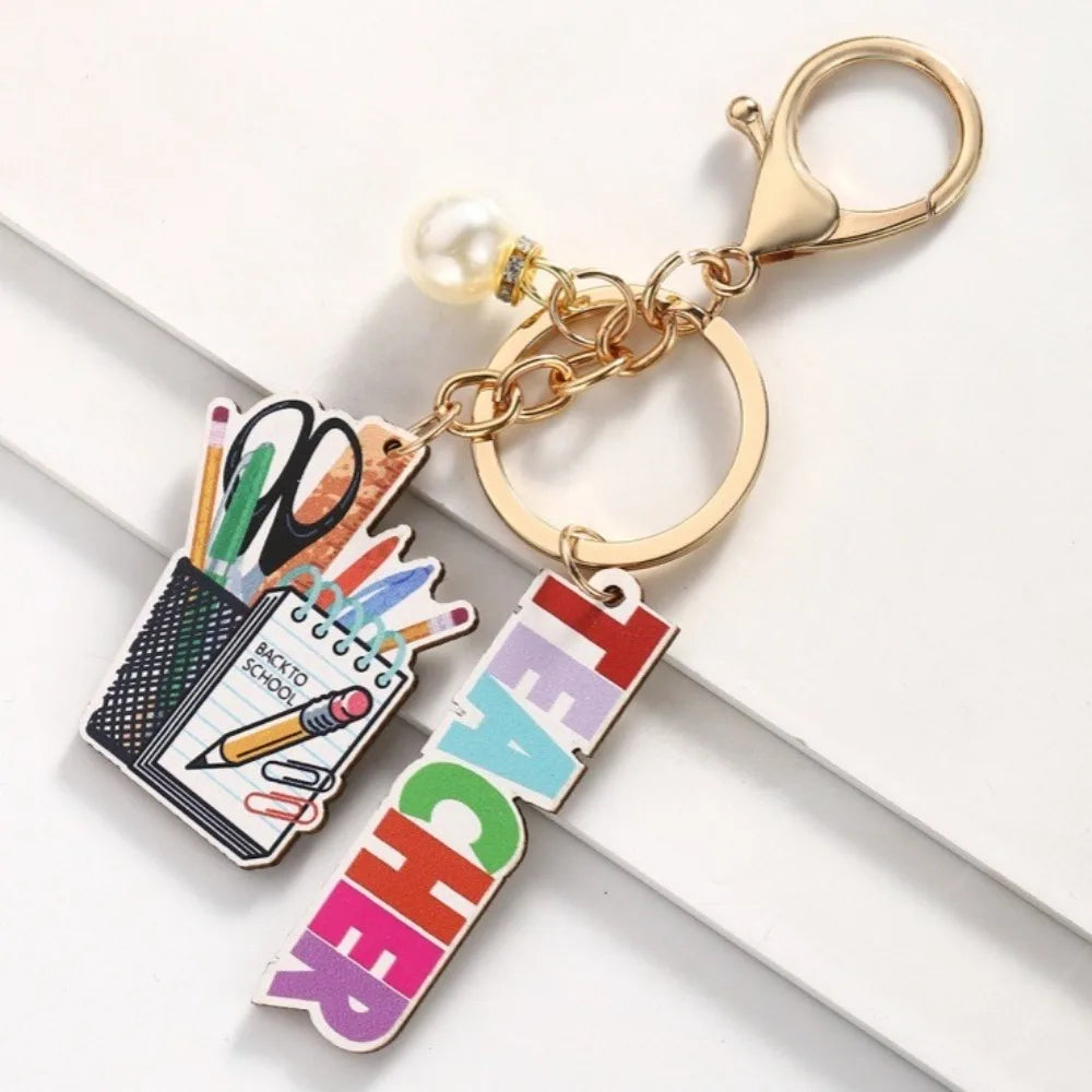 Wooden Teacher's Day Keychain English Letter Geometric Shape Text Keychain Pendant Colorful Rainbow Pen Holder Key Ring Zpaxo